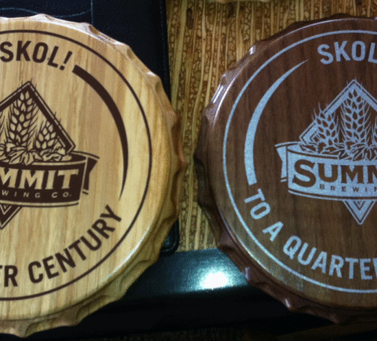 Wood Award Plaque Custom Business Logo – Summit Brewery Co (jord this is the bottle cap looking thing)