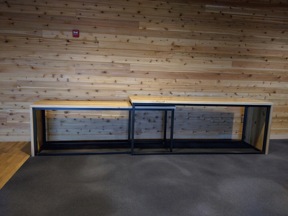 Plank Style American Elm Wood Communal Tables with Steele Base and Matching Bench – Surly Brewing – Minneapolis