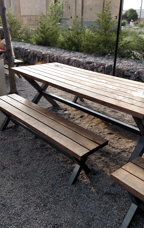 Wood Picnic Style Communal Table with Metal Base – Surly Brewing - Minneapolis