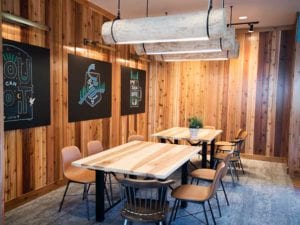 Dining Ledges | Bench | Communal Tables | Log Light Fixtures | Wood From The Hood | Caribou Coffee | Minneapolis