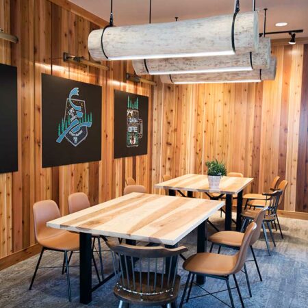Dining Ledges | Bench | Communal Tables | Log Light Fixtures | Wood From The Hood | Caribou Coffee | Minneapolis Dining Ledges | Bench | Communal Tables | Log Light Fixtures | Wood From The Hood | Caribou Coffee | Minneapolis