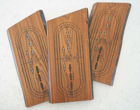 Wooden Cribbage Board Live Edge Three Player Roasted Ash Wood From the Hood 10" x 20" Cribbage Board - 3 Player Track - Roasted Ash