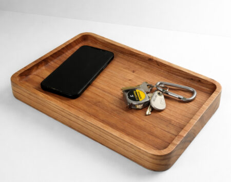 Reclaimed ash wood valet tray for keys, wallet, and everyday carry on a tabletop